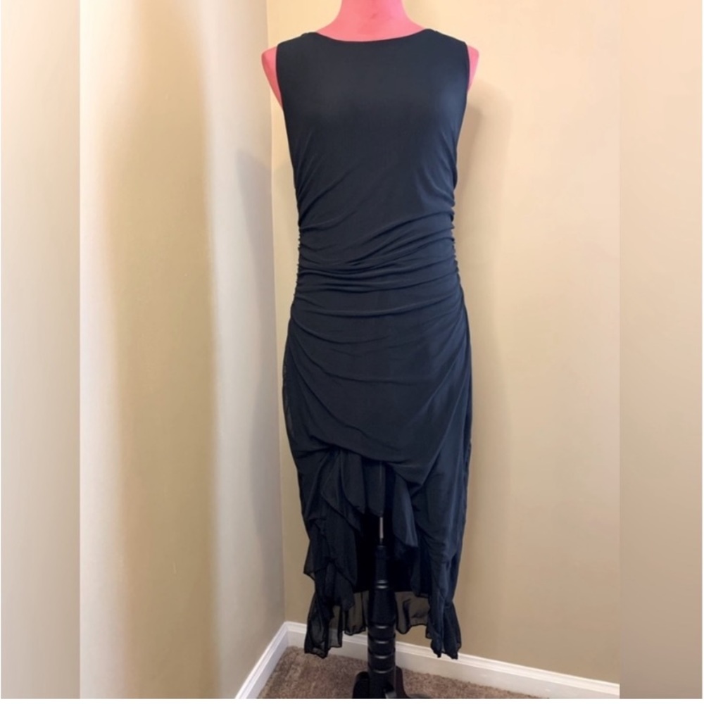 BLACK ASYMMETRICAL RUFFLE HEM RUCHED DRESS - Picture 5 of 12